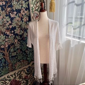 Long White Knit Cardigan with Crochet Lace Trim Details, Half Sleeves, Soft